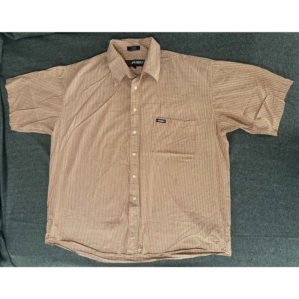 FUBU Shirt Mens Size 2XL Orange White Plaid Short Sleeve Casual Button-up